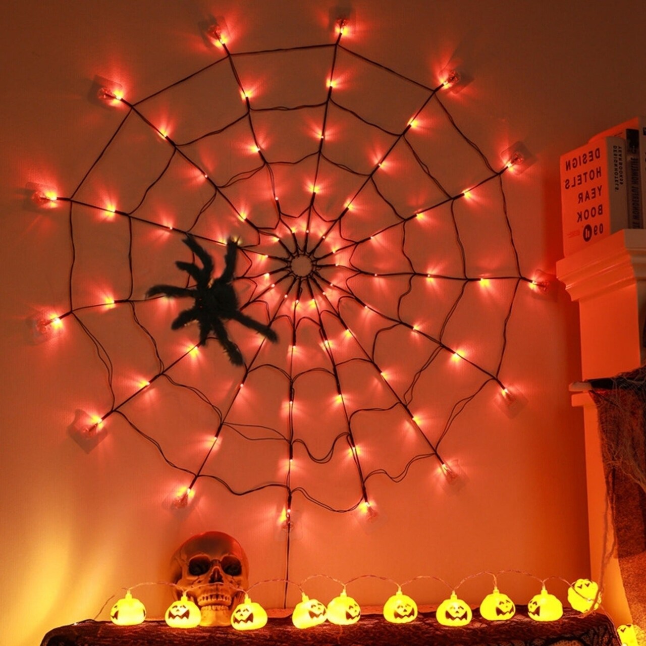 3.28Ft Spider Web Light With Hairy Spider 70Led Battery Powered Remote Control 8 Lighting Modes Glowing Outdoor Indoor